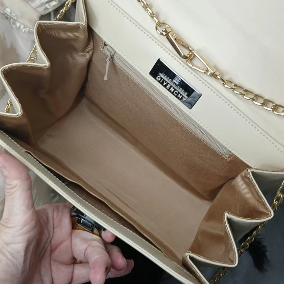 Givenchy Maroquinerie Leather Handbag In Cream Color & Gold Crossbody Chain - Picture 6 of 11